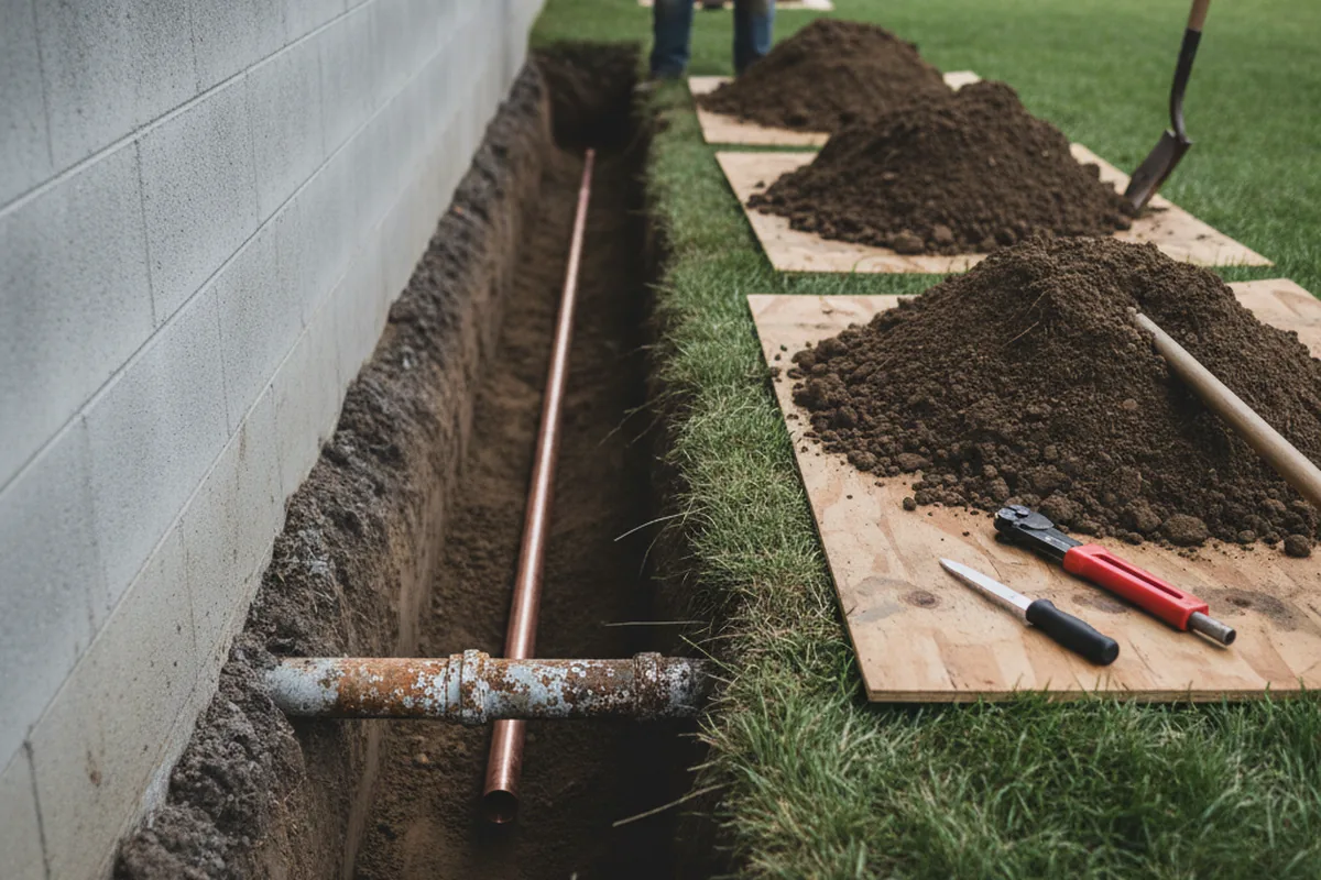 Excavated water line trench during Sewer Line Repair in Moravian Falls